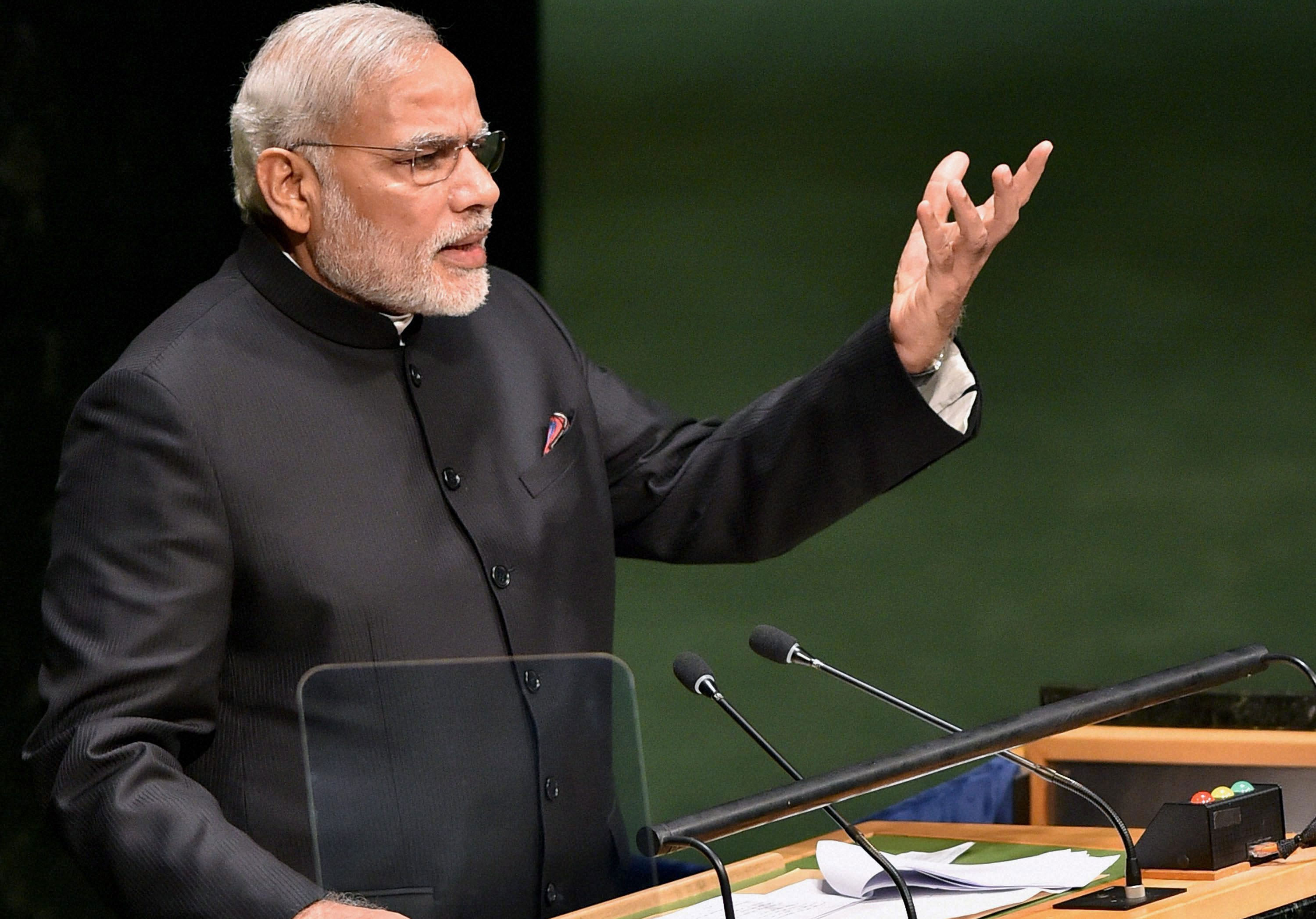 Prime Minister Narendra Modi addresses the 69th session of the United Nations General Assembly at UN headquarters in New York on Saturday. PTI Photo