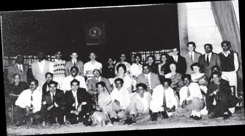 (First row sitting, second from left) Late Hariram Chabbria, Tribhuvan Chabbria, Late Usha Navarathnaram, Thyagarajan (sixth) and Wajid Hussain (ninth). (Second row, from right) Rathna, June Lapinski, Sarah Borroughs, Gail Sheppard (fifth), Vasudeva Murthy (sixth) and Mrs Murthy (ninth). (Last row, from left) PGR Rau (author's father), LV Sharada (sixth), Malathi Rao (author), Geetha Maney, Kamalamma Rau (author's mother) and Gita Rao.