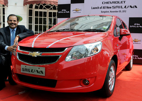 General Motors India Vice President P Balendran launching the 'Chevrolet Sail U-VA' premium Hatchback car. DH file photo