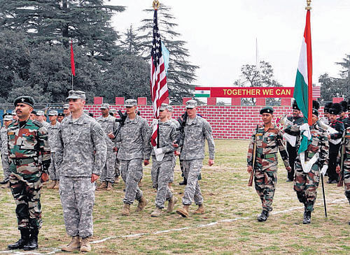 Indian and US soldiers at the closing ceremony of India-US Combined Military Training Exercise Yudh Abhyas 2014 at Ranikhet, Uttarakhand on Tuesday. PTI