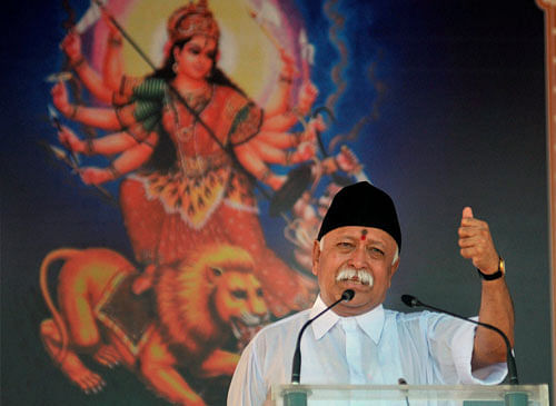RSS chief Mohan Bhagwat speaks during the Vijay Dashmi function at RSS headquarters in Nagpur on Friday. PTI Photo