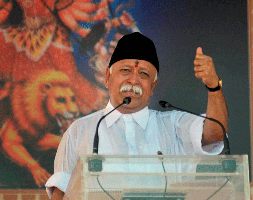 Rashtriya Swayamsevak Sangh (RSS) chief Mohan Bhagwat's customary address on Vijayadashami was telecast on Doordarshan for the first time on Friday, leading to angry reactions from the Congress and other parties./ PTI Photo