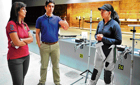 Do it like this : Abhinav Bindra and Suma Sirur discusses a point with shooter Anjum Moudgil (right) during a workshop at SAI&#8200;on Tuesday. dh photo/ Srikanta Sharma R