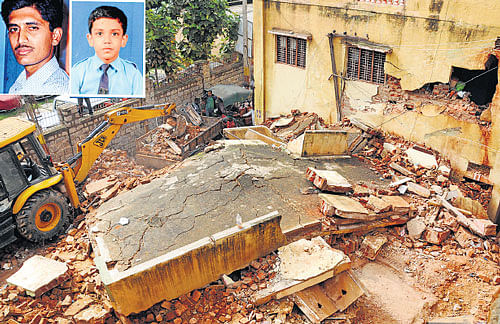 Crushed under rubble: Subramani and his son Karan Sai (inset) were buried alive when a two-storey building collapsed on them at Jogupalya, Ulsoor on Thursday. (Below) Shivashankar, who was electrocuted in Basaveshwaranagar. DH Photos