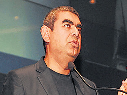 Infosys CEO and MD Vishal Sikka speaks at the company headquarters in Bangalore on Friday. DH Photo