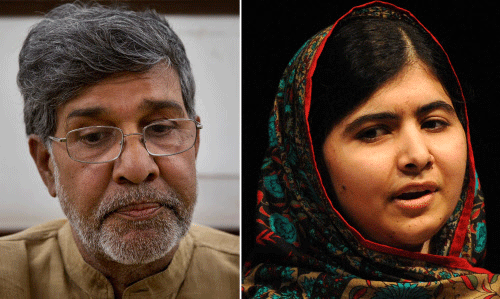 This photo combo shows Indian children's rights activist Kailash Satyarthi, left, and Malala Yousafzai, right. Satyarthi of India and Yousafzai of Pakistan jointly won the Nobel Peace Prize on Friday, Oct. 10, 2014, for risking their lives to fight for children's rights. AP photo