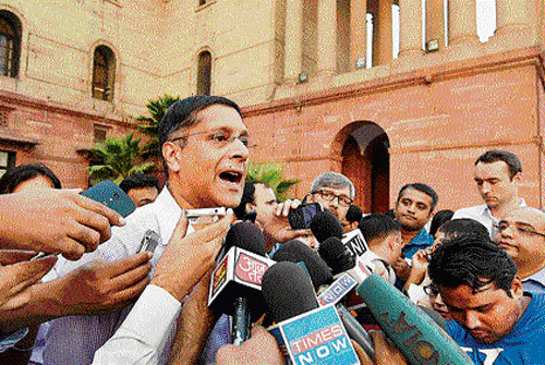 New Chief Economic Adviser Arvind Subramanian speaks to the media after taking charge at North Block in New Delhi on Thursday. PTI