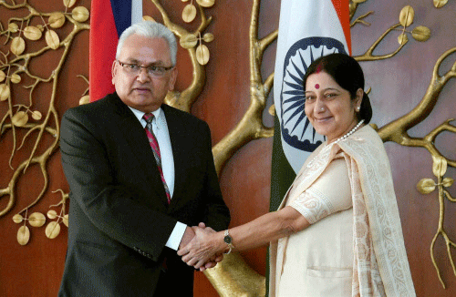 External Affairs Minister Sushma Swaraj with Foreign Minister of Nepal, Mahendra Bahadur Pandey at a meeting in New Delhi on Monday. PTI Photo