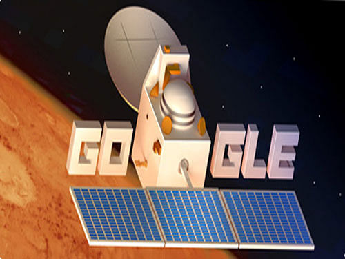 Google is celebrating one month of Indian Space Research Oraganisation's (ISRO) successful insertion of Mangalyaan in Mars Orbit with a doodle. Photo Screen grab