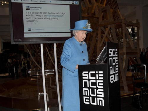 In a historic first, Queen Elizabeth II today sent out her maiden tweet while opening an information technology gallery at the Science Museum here. Photo Courtesy: Science Museum twitter account