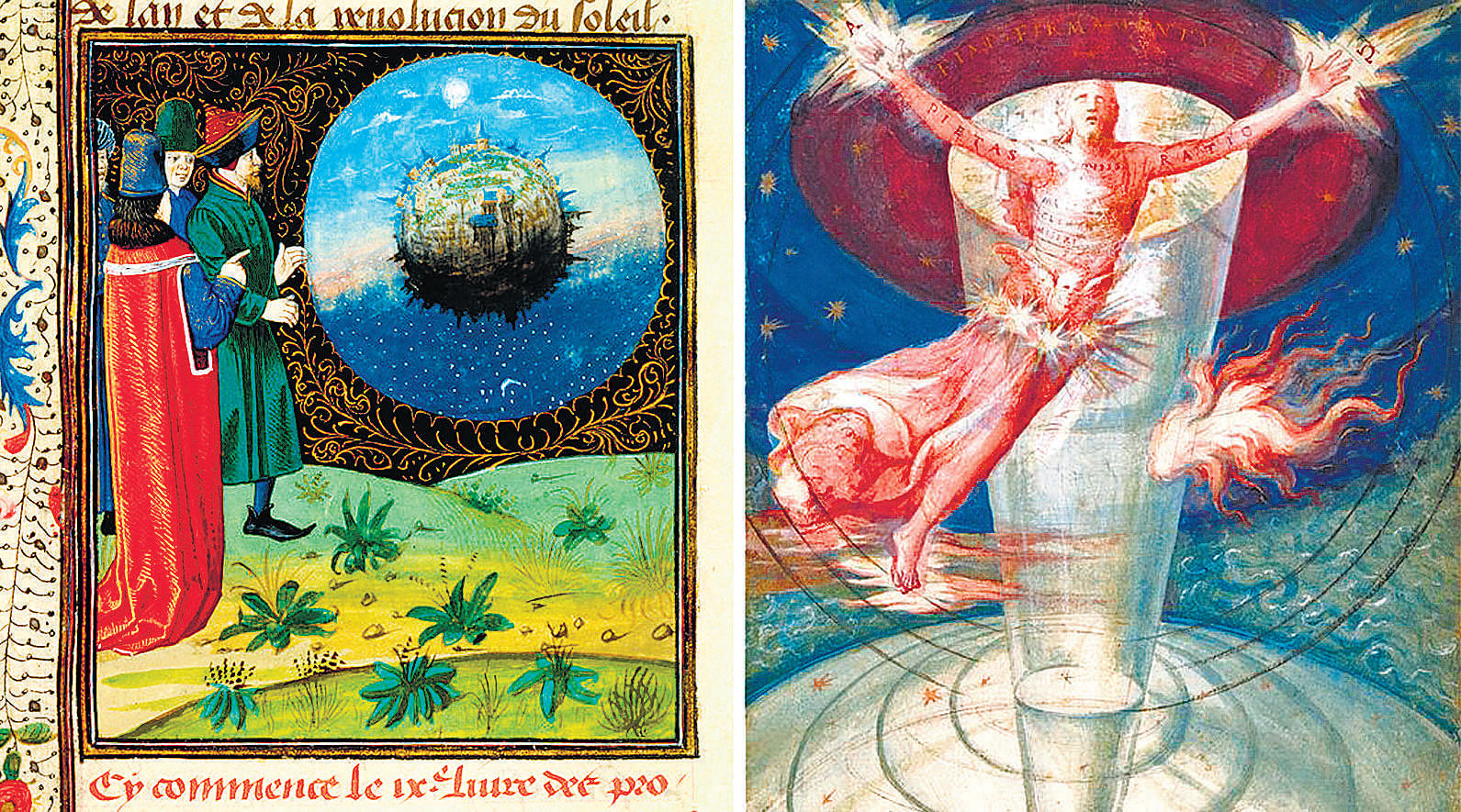 A15th century rendering of Earth as aweightless, studded sphere (left) and the 1573 image of an omnipresent creator by the Portuguese artist Francisco de Holanda (right) are part of the book "Cosmigraphics: Picturing Space Through Time." NYT