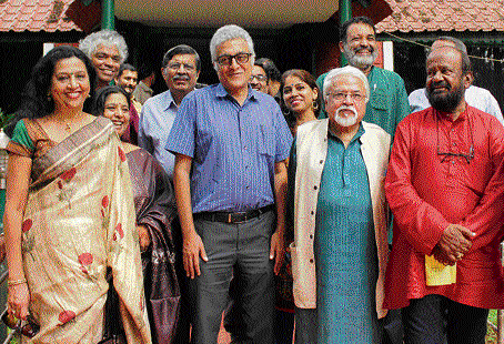 united we fight: Eminent personalities from different fields, including musician Suma Sudheendra, theatre activist  Prakash Belawadi, architect P Naresh Narasimhan, artist S G Vasudev, ex-Infosian T Mohandas Pai, theatre activist  Sreenivas G Kappanna, came together to save the Balabrooie guesthouse, in Bangalore on Saturday. (Below) A stone plaque  on the guesthouse premises shows that Nobel laureate Rabindranath Tagore had stayed at the heritage building. dh Photo
