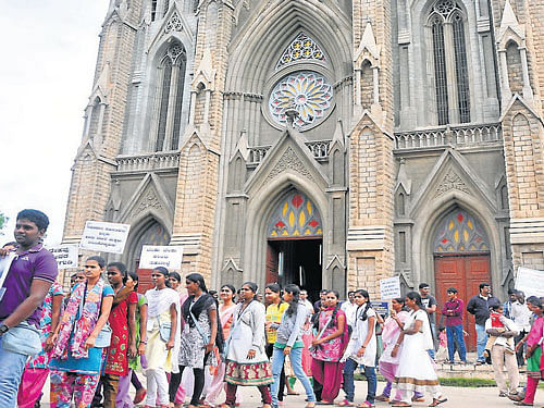 Youth take out a rally as part of Yuvajanotsava from  St Philomena's Church, in Mysore, on Sunday. DH photo