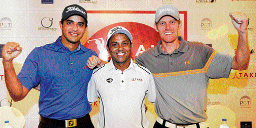 three to tango: Golfers Khalin Joshi (left), SSP Chowrasia (centre) and Brett Munson at the trophy unveiling of Takes Solutions India Masters on Tuesday. DH photo