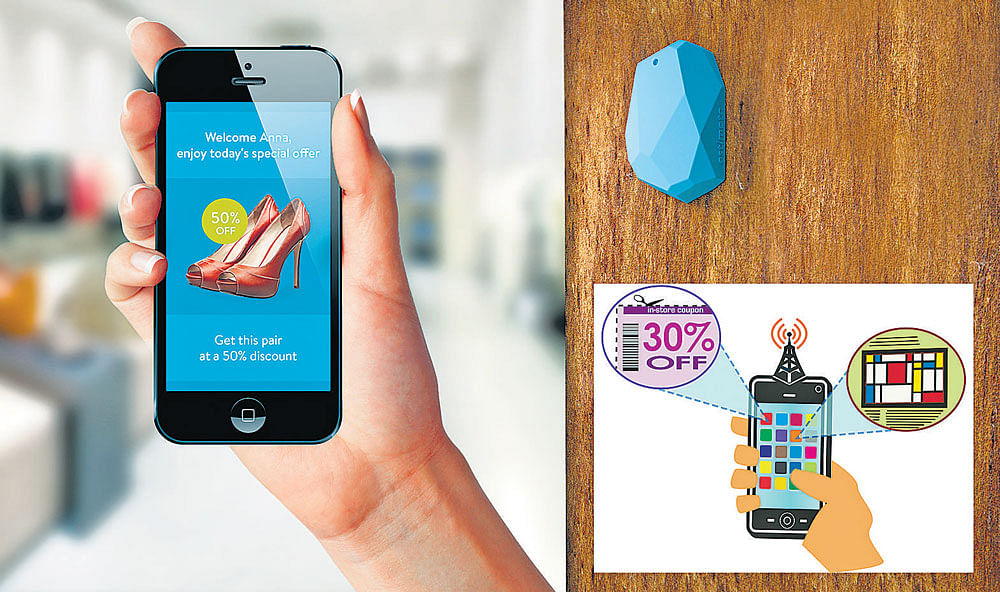 Beacons, tiny low-powered radio transmitters that send signals to phones just feetaway, have quickly becomea newfront in the advertising industry. PHOTO: ESTIMOTE BEACONS / GRAPHIC (INSET): NYT