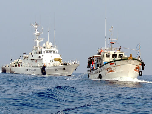 A day after a Naval vessel sank off the Vishakhapatnam coast, a full scall search operation was underway to trace the four missing sailors, including an officer, and an inquiry has been set up to look into the cause of the mishap. DH file photo. For representation purpose