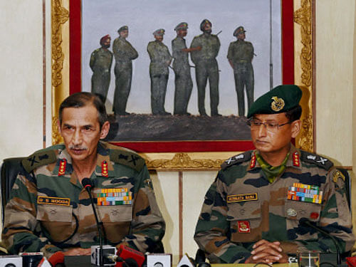 General Officer Commanding-in-Chief, Northern Command, D S Hooda with GOC 15 Corps Lieutenant General Subrata Saha (Right) addressing a press conference at Badami Bagh in Srinagar. The Army today admitted its mistake over the firing incident in Budgam district of Kashmir which left two youths dead and said that the inquiry into the same would be completed within days and action taken against anyone found guilty of violating the rules of engagement. PTI photo
