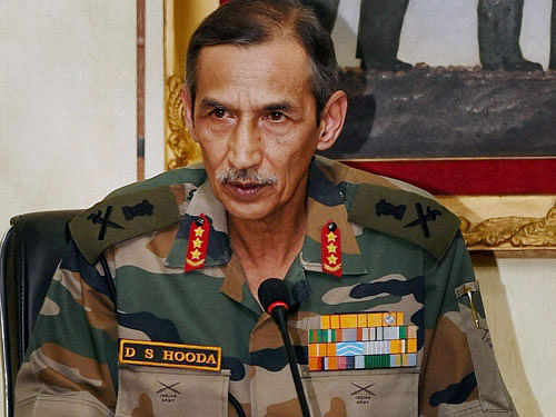 General Officer Commanding-in-Chief, Northern Command, D S Hooda  addressing a press conference at Badami Bagh in Srinagar on Fraday. PTI Photo