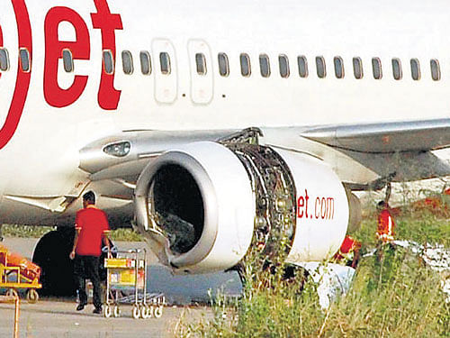 The SpiceJet plane which hit a buffalo while proceeding for take-off in Surat on Thursday. PTI