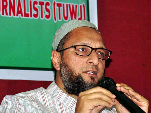 AIMIM President and MP Asaduddin Owaisi addressing a press gathering organised by TSUWJ at Press Club Basheerbagh in Hyderabad on Tuesday. PTI Photo