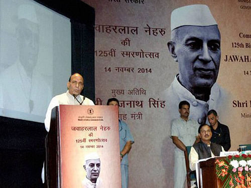 Rajnath Singh lauded the role of India's first prime minister Jawaharlal Nehru in the country's development. PTI Photo