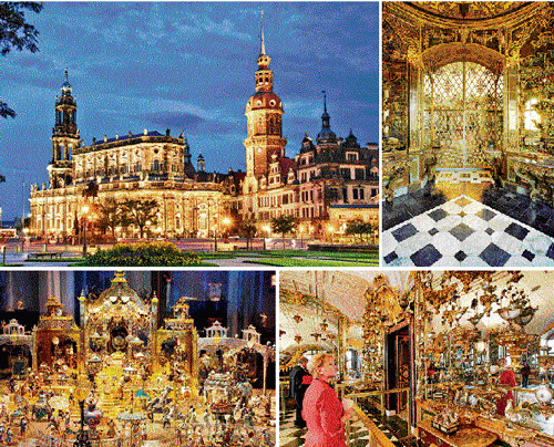 Dipped in gold: The facade of the Dresden Castle (top left); the enchanting interiors of the Green Vault Museum.