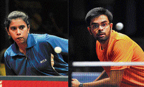 Spoorthi MV (left) and Aravindan Subramaniam, the winners of the youth girls and boys' titles respectively, at the State table tennis championships in Bengaluru. DH&#8200;PHOTO