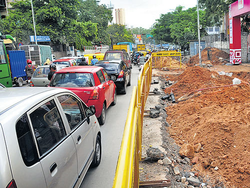The dug-up stretch on Residency Road. DH  photo by SK Dinesh