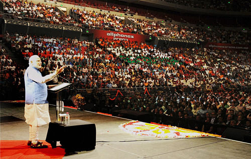 Prime Minister Narendra Modi addressing the Indian Community people at Allphones Arena in Sydney, Australia on Monday. PTI Photo