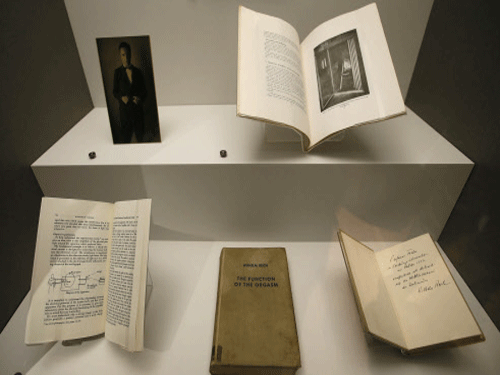 A collection of books and pamphlets on the 'Function of the Orgsam' on display at the Wellcome collection's Institute of Sexology 'Undress Your Mind' exhibition in London. The exhibition explores the most publicly discussed of private acts, with items from Alfred Kinsey's complex coded questionnaires to ancient artefacts. AP photo
