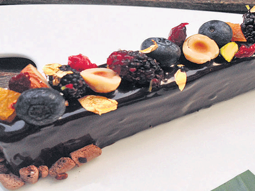 Chocolate ganache pastry with fresh fruits.