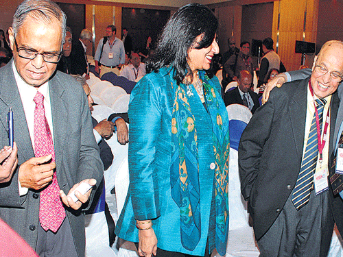 Infosys founder N&#8200;R&#8200;Narayana Murthy, Biocon chief Kiran Mazumdar-Shaw, former ISRO chairman K&#8200;Kasturirangan and  eminent scientist C&#8200;N&#8200;R&#8200;Rao at the Commonwealth Science Conference in Bengaluru on Wednesday. DH photo