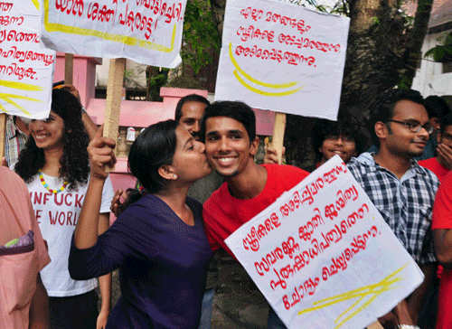 File photo of 'Kiss of Love' protest in Kerala. PTI