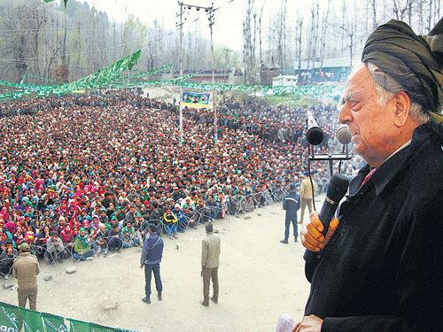 Peoples Democratic Party patron Mufti Muhhamad Sayeed addresses an election rally at DH Pora in Kulgam district on Saturday. PTI