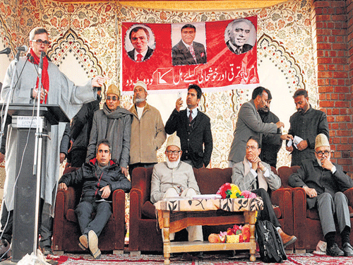 National Conference working president Omar Abdullah addresses a rally in Handwara on Saturday. PTI