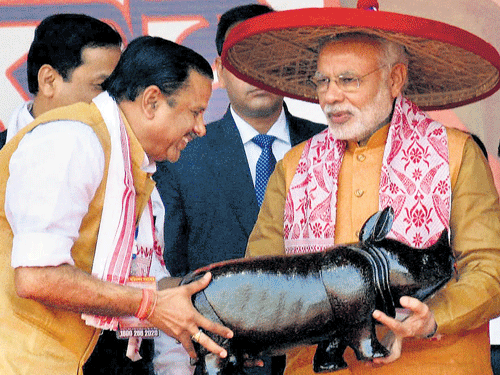 Prime Minister Narendra Modi being felicitated with a traditional Assamese Japi, Gamocha and wooden  one-horned rhino during the BJP workers' meet  in Guwahati on Sunday. PTI