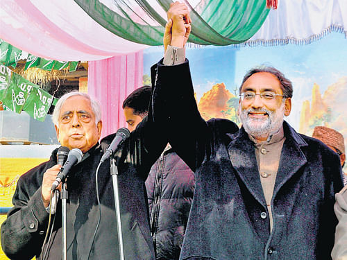 PDP patron Mufti Mohammad Sayeed during an election rally in  support of party's Rajpora candidate Haseeb Drabu in Pulwama district on Monday. PTI