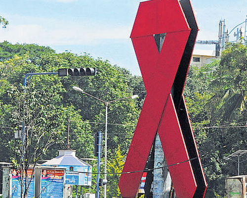 A giant AIDS awareness symbol put up at KR Circle on Monday. dh photo