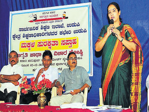Karnataka State Commission for Protection of Child Rights Member Vanitha Thorvi speaks at  the inauguration of district-level child safety week in Udupi on Tuesday. DH photo