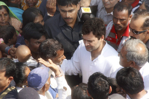 Congress vice president Rahul Gandhi, along with other members of the opposition, Friday protested against the government, saying that "democratic process" was not being allowed inside parliament. PTI file photo