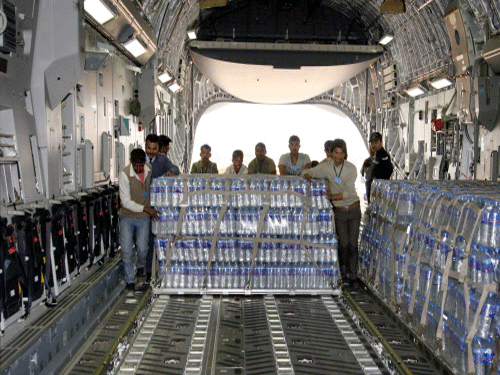 Water bottles being loaded in C-17 Globemaster III of Indian Air Force as India sends drinking water to Maldives after water was cut off to the residents in the Maldives' capital, in New Delhi. PTI