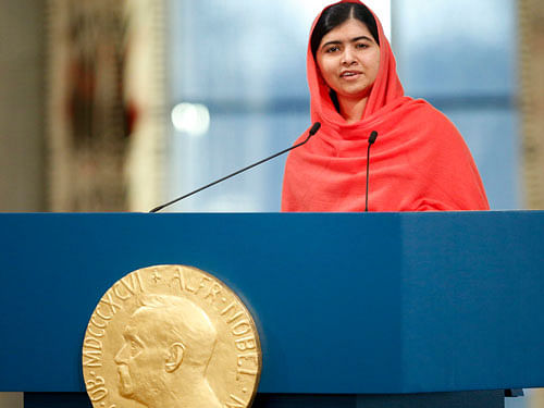 Nobel Peace Prize winner Malala Yousafzai, from Pakistan, makes an address after being awarded the Nobel Peace Prize during the Nobel Peace Prize award ceremony in Oslo, Norway, Wednesday, Dec. 10, 2014. AP photo