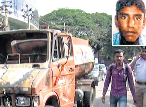 The water tanker, which was set on fire in Electronics City on Wednesday. (Inset) Accident victim Nadeem. DH PHOTO