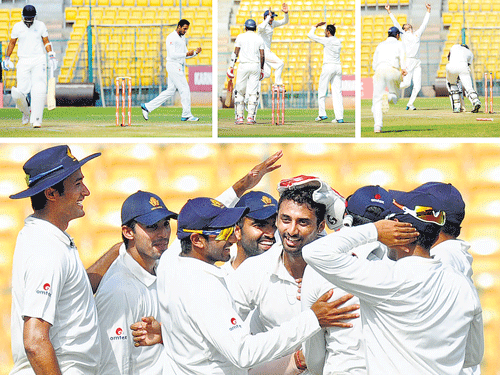 S Arvind during his dreamspell onWednesday, dismissing (top) Malolan Rangarajan, L Balaji and MMohammad. BELOW: Team-mates rush in to congratulate Arvind (centre). DH PHOTOS/ KISHOR KUMAR BOLAR