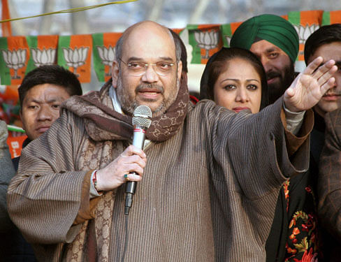 BJP National President Amit Shah addressing an election campaign rally at Rajbagh in Srinagar on Thursday. PTI Photo