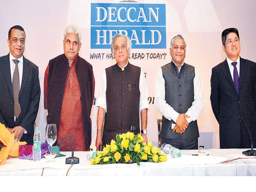 (From left) Deccan Herald editor K N&#8200;Tilak Kumar, MoS for Railways Manoj Sinha, former Union minister Jairam Ramesh, MoS&#8200;for External Affairs V K Singh and Chinese Ambassador Le Yucheng take part in DH&#8200;conference in New Delhi. DH&#8200;PHOTO