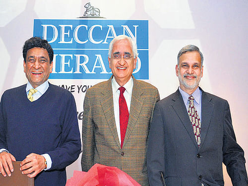 Former ambassador Prabhat Shukla, former Union minister Salman Khurshid and Prof Chintamani Mahapatra take part in the conference organised by Deccan Herald. DH PHOTO