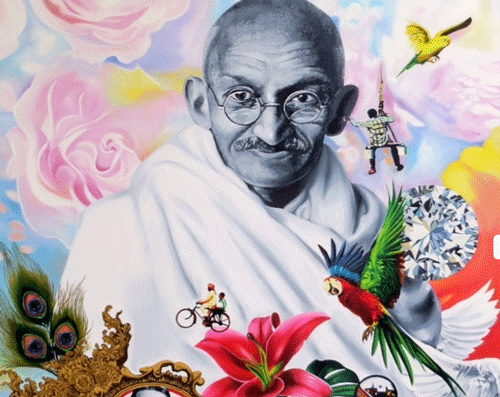 The 'Three Wise Monkeys' of Mahatma Gandhi in modern avatars -- one sporting sunglasses, another a cigar and the third a pair of headphones -- form part of an artistic depiction of Bapu and his ideologies. Screen Grab