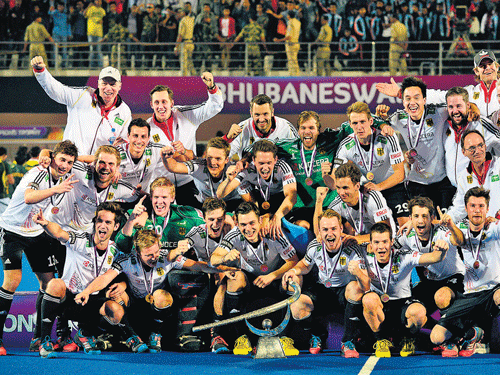 German teamis jubilant after clinching the Champions Trophy. Germany beat Pakistan 2-0 on Sunday. PTI Photo.