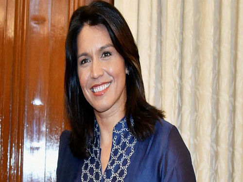 Tulsi Gabbard, the first Hindu American in the US Congress, Thursday called on Home Minister Rajnath Singh. Photo: PTI